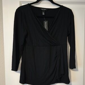 NWT Sz S White House Black Market Black Faux Wrap 3/4 sleeve Top
